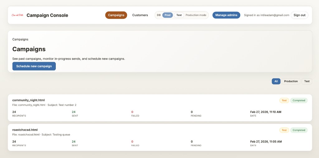 Campaign Console dashboard showing past campaigns and send options